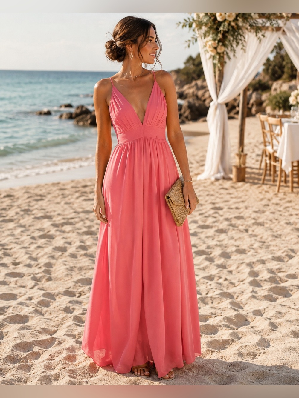 Meghan LA Coral-Pink V-Neck Spaghetti-Strap Maxi Dress